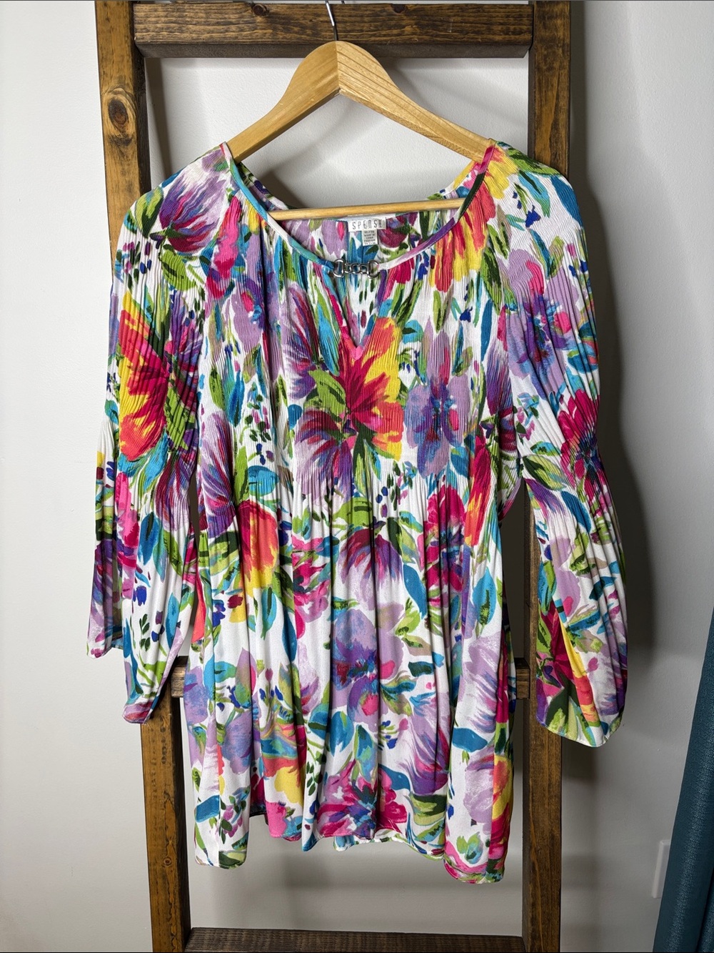 Spense Bright Floral Pleated Women’s Top - Multicolor Size XL